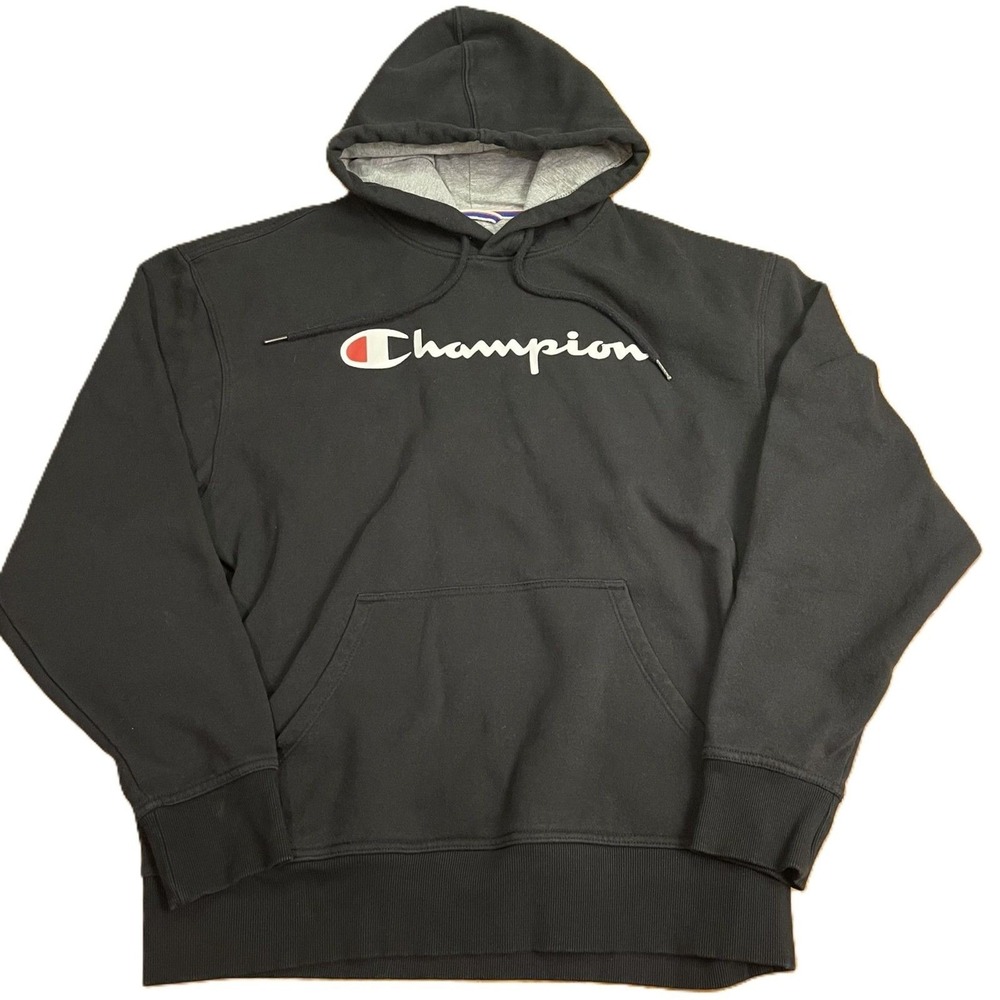 Champion Black Hoodie L Pullover Graphic Logo Long Sleeve Sweatshirt